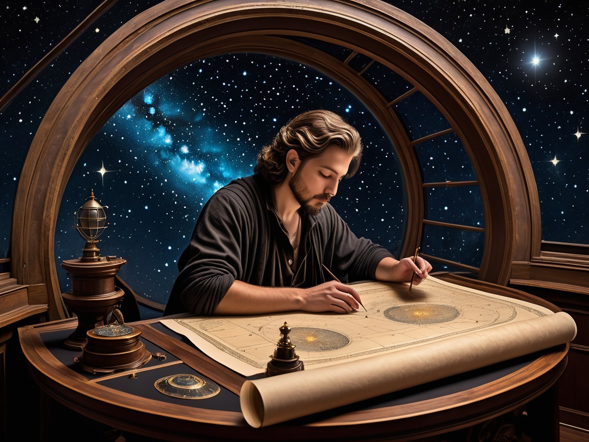 Young man studying an astronomical chart at a desk