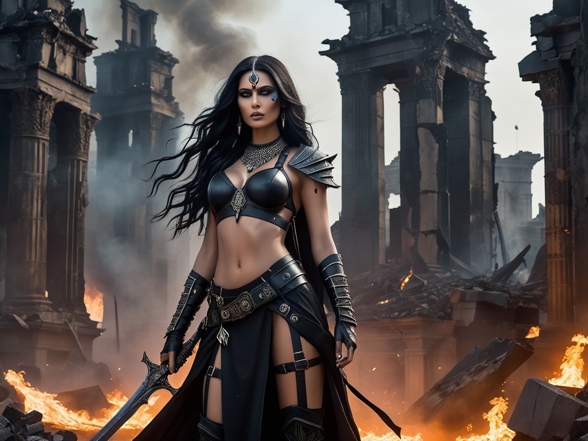 Fierce Warrior in a Post-Apocalyptic City Ruin