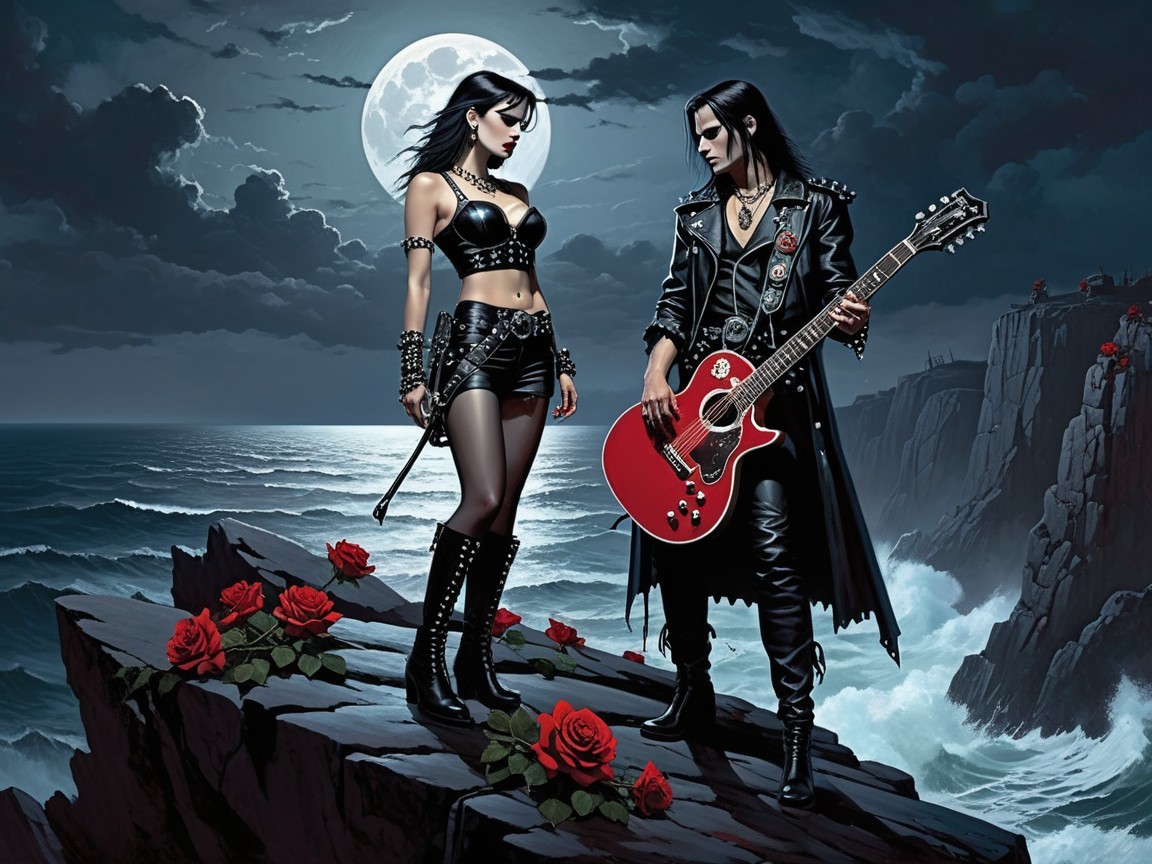 Stylized Figures on Cliff with Moonlit Sea Background