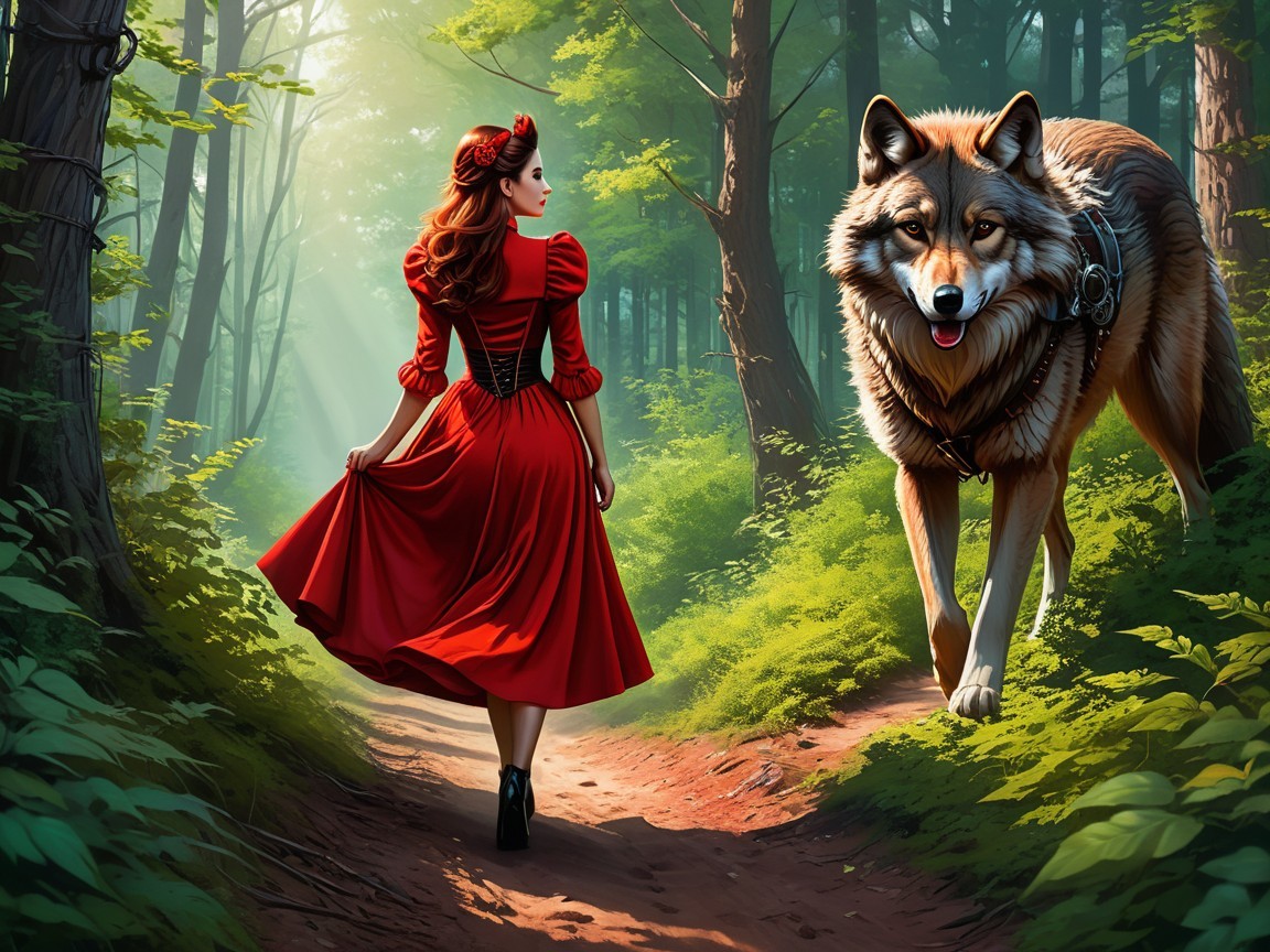 Young woman in red dress walks with wolf in forest