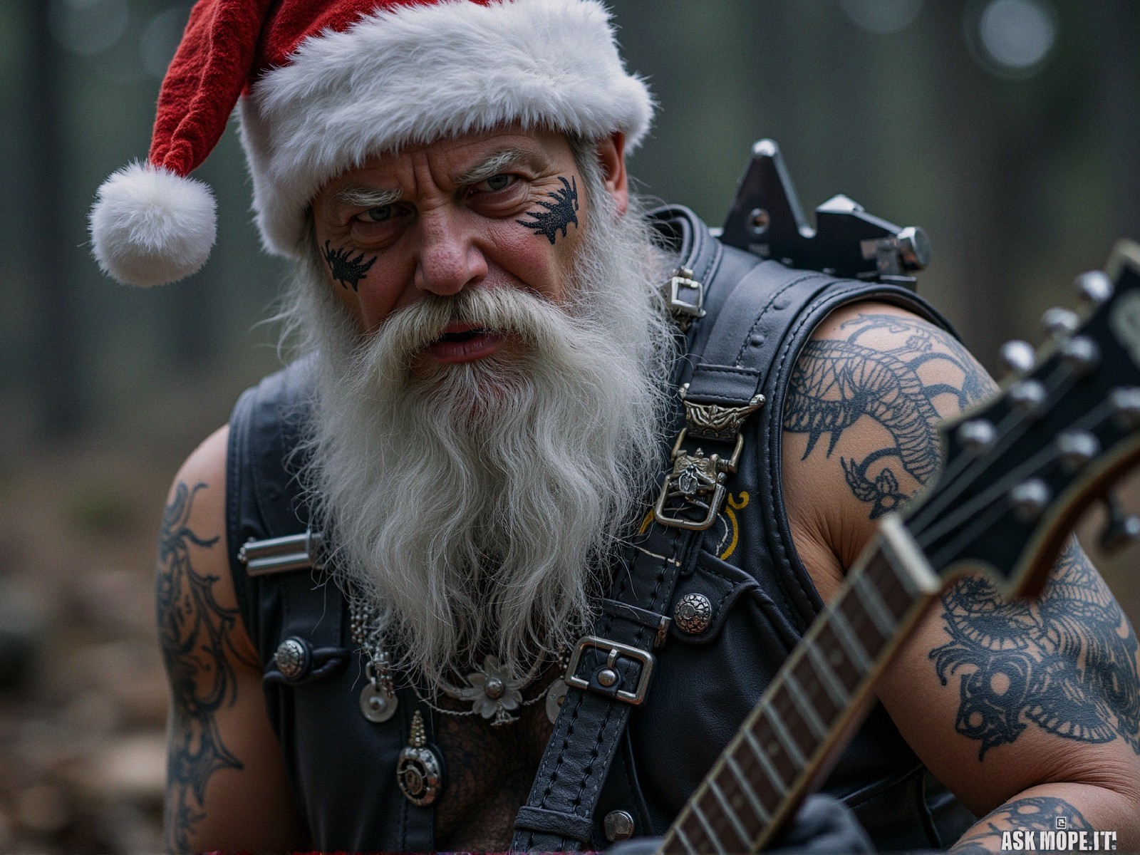 Rugged Santa Claus with Guitar in Forest Setting