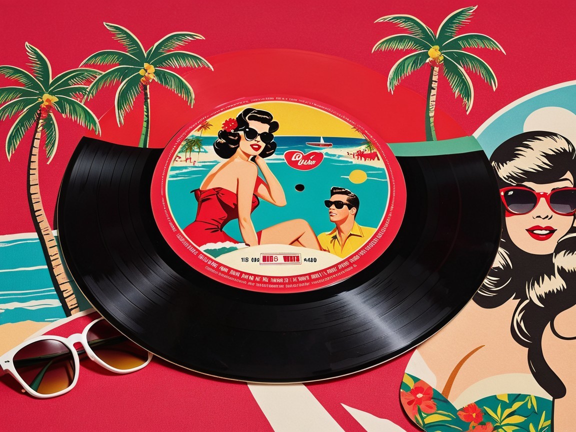 Vibrant Retro Beach Scene with Vinyl Record and Sunglasses