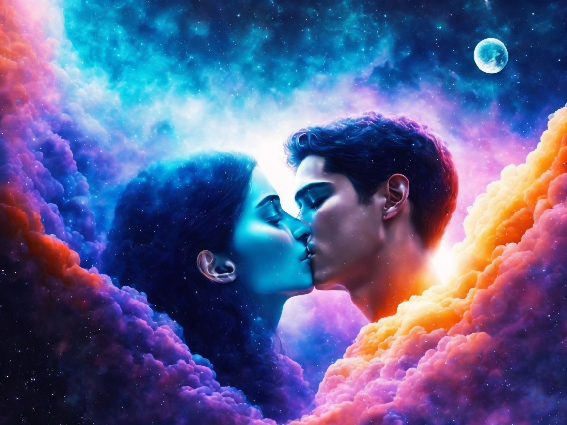 Tender Kiss Under a Colorful Cosmic Backdrop