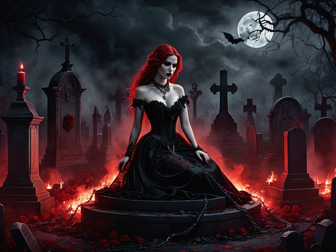 Gothic Vampire Woman in Dark Graveyard Setting