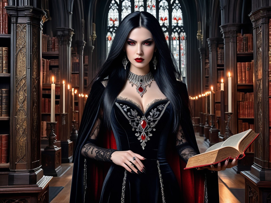 Gothic Elegance in a Dimly Lit Library Setting