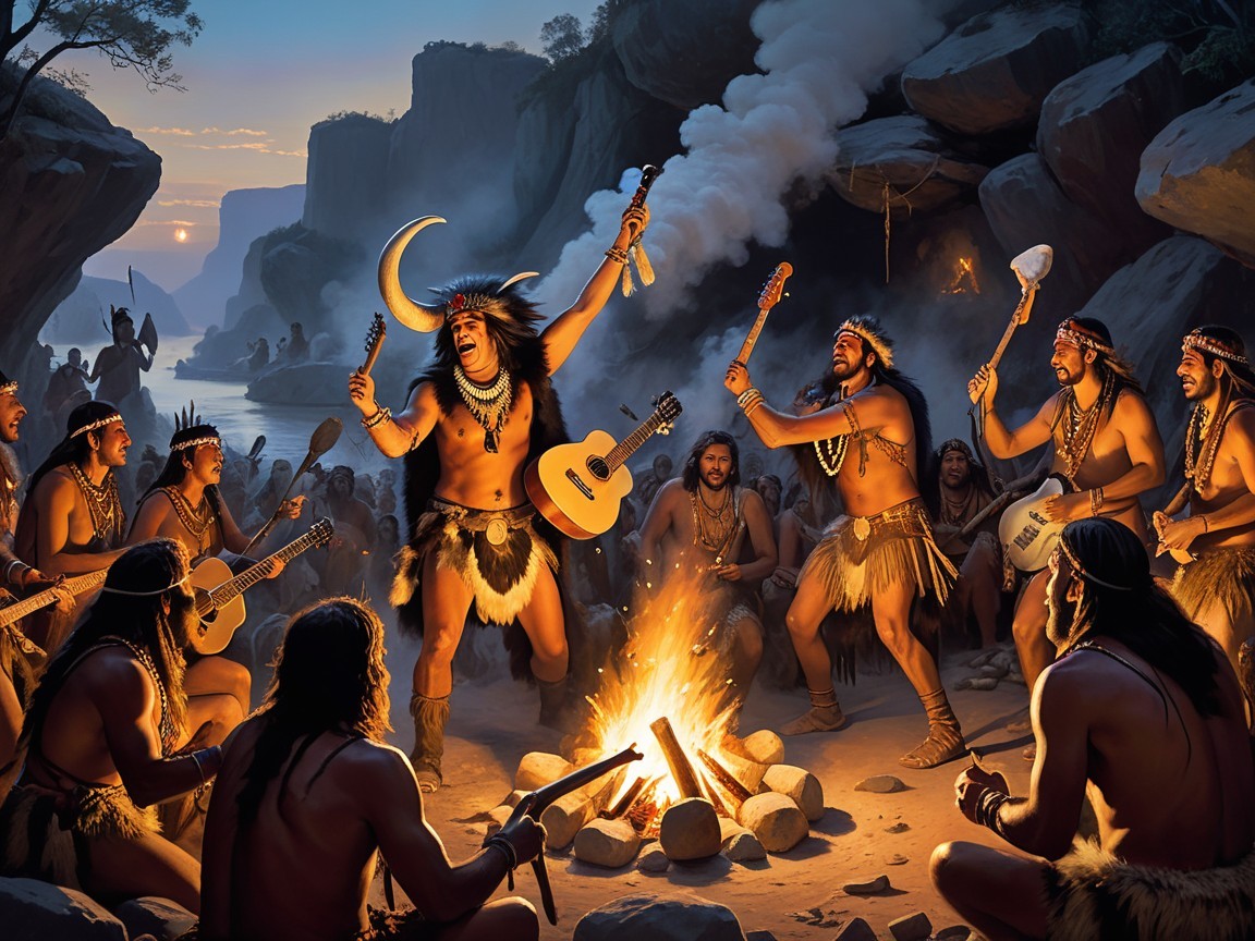 Tribespeople Gather Around Campfire in Cave Setting