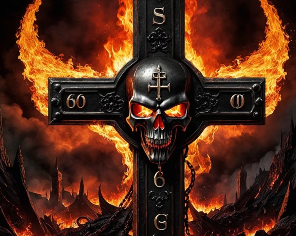 Black Cross with Skull and Flames in Dark Landscape
