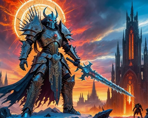 Knight in Dark Armor with Glowing Sword at Sunset
