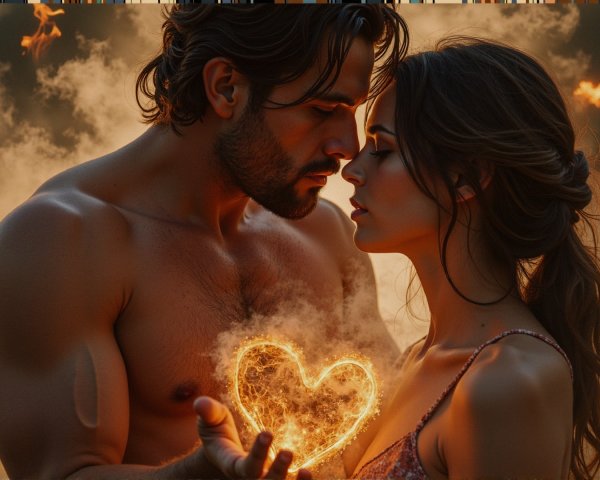 Intense Gaze Between Two Figures with Fiery Heart