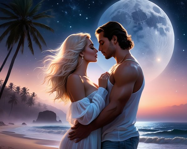 Romantic Beach Scene Under a Glowing Moon