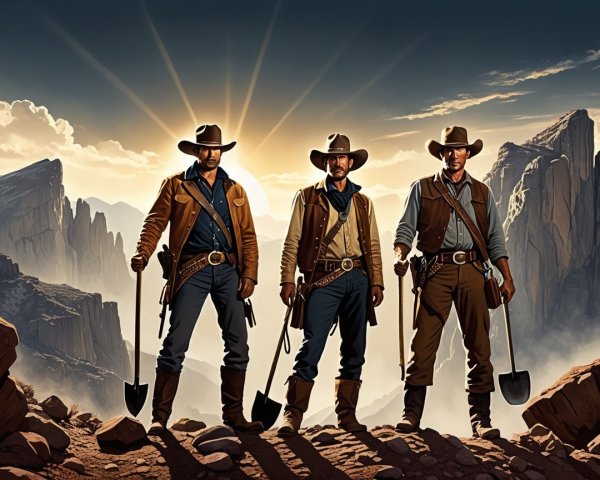 Cowboys with Shovels in Mountainous Sunrise Landscape