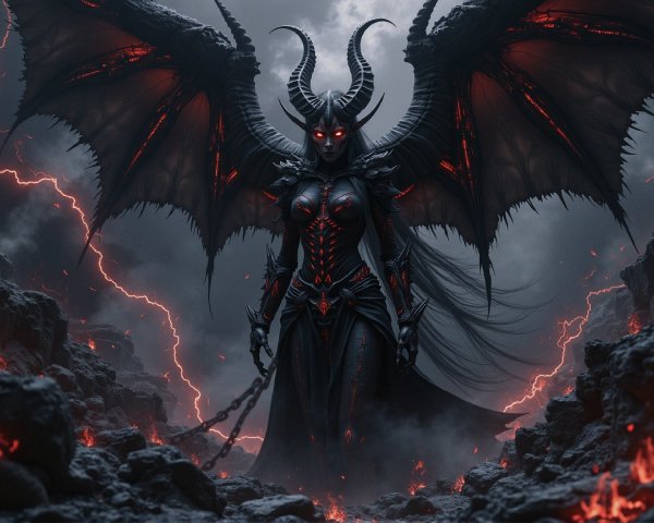 Dark Figure with Wings in Ominous Landscape