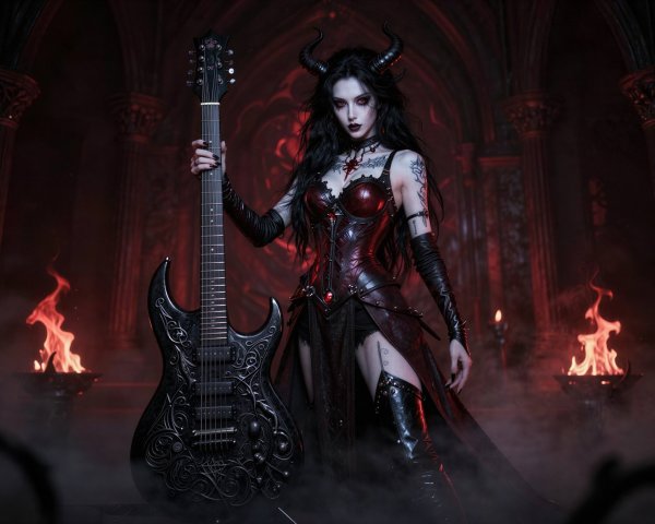 Demon Girl in Gothic Cathedral with Electric Guitar