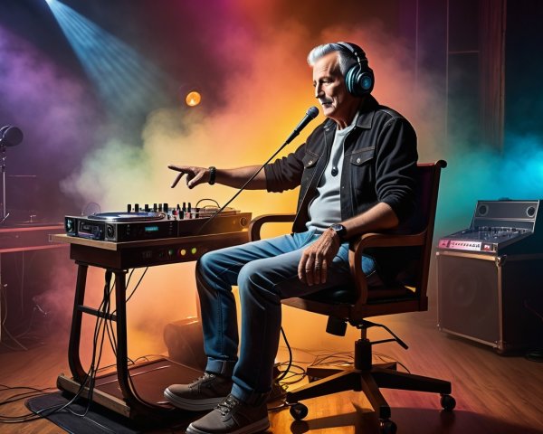 DJ at Control Desk with Colorful Lighting and Equipment