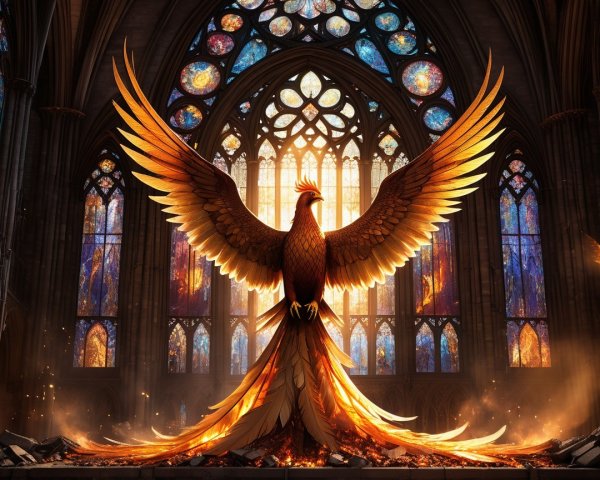 Phoenix in Grand Cathedral with Stained Glass Windows