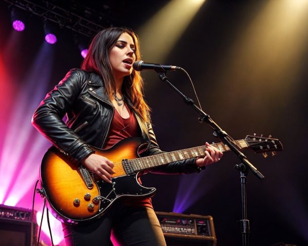 Female Musician Performing with Electric Guitar on Stage