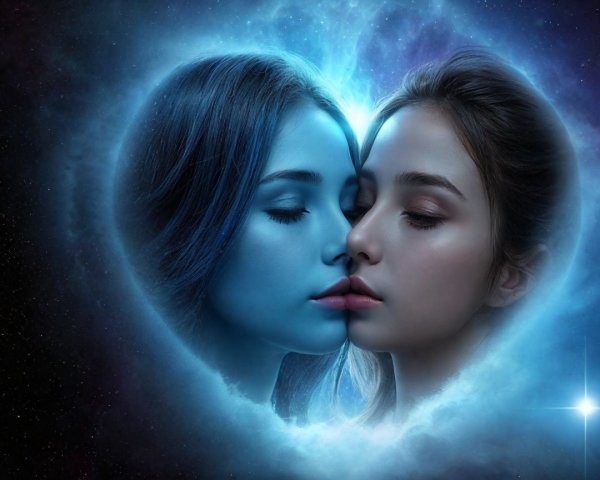 Ethereal Figures Kissing in a Cosmic Backdrop