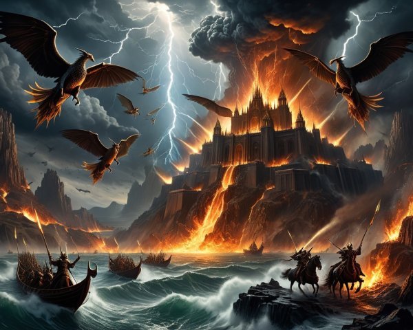 Dramatic Volcanic Landscape with Castle and Creatures