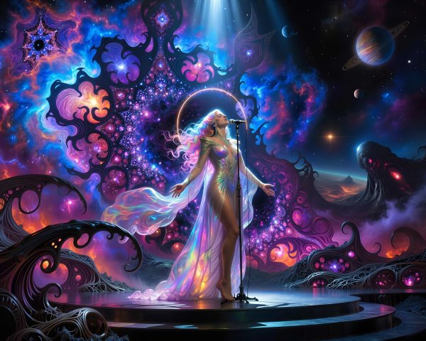 Celestial Woman in Iridescent Dress on Cosmic Stage