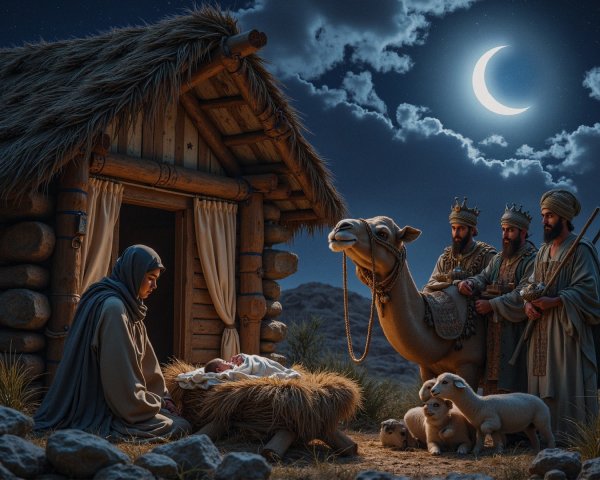 Detailed Nighttime Nativity Scene with Mary and Jesus