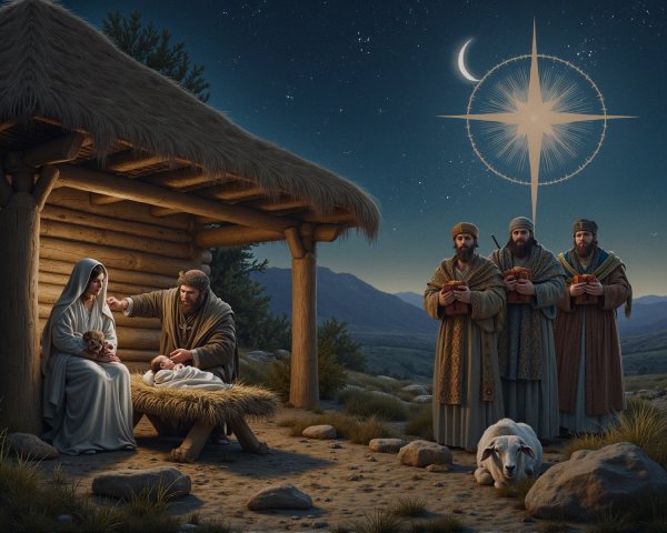 Nativity Scene Under Starry Night Sky and Manger