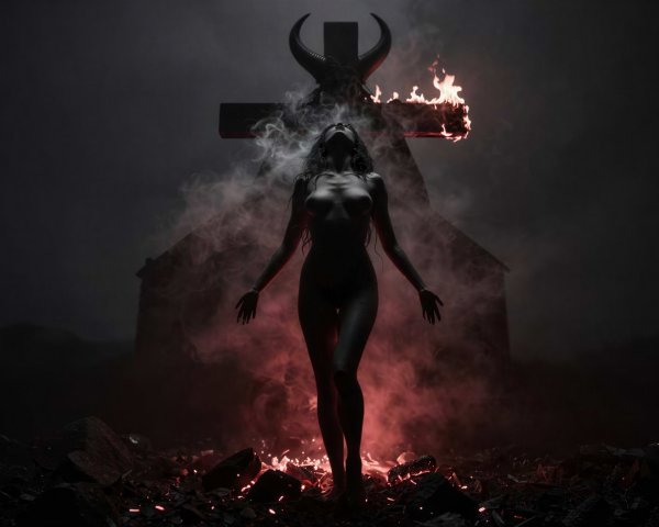 Nude Female Figure Surrounded by Smoke and Fire Elements