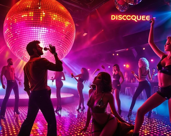 Vibrant Disco Scene with Sparkling Ball and Dancers