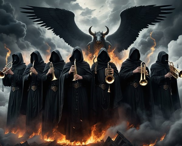 Hooded Figures with Brass Instruments in Ominous Setting