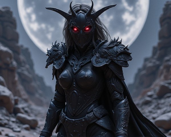 Fantasy Female Warrior in Black Armor with Moonlit Canyon