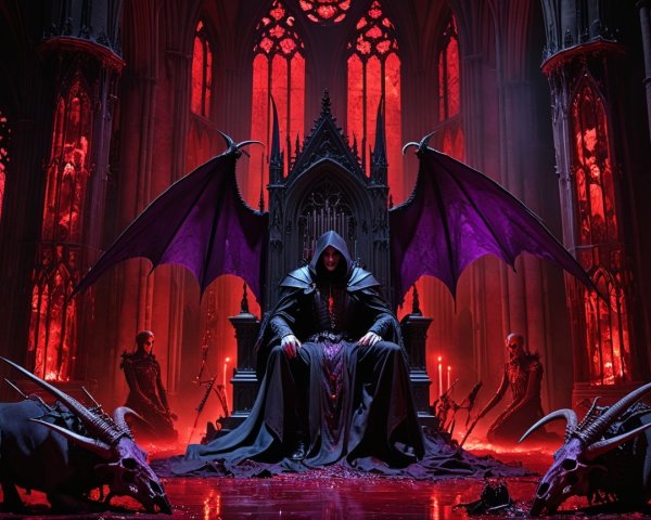 Gothic Cathedral Scene with Hooded Figure and Creatures
