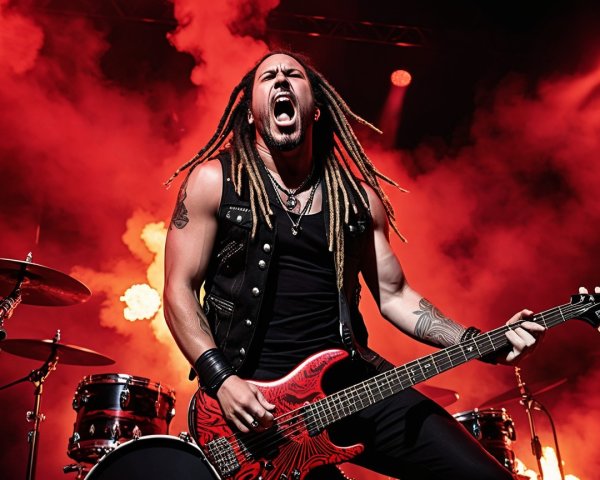 Musician Performing on Stage with Electric Bass Guitar