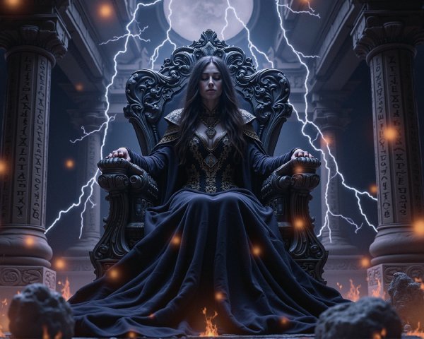 Ancient sorceress on ornate throne in dark chamber