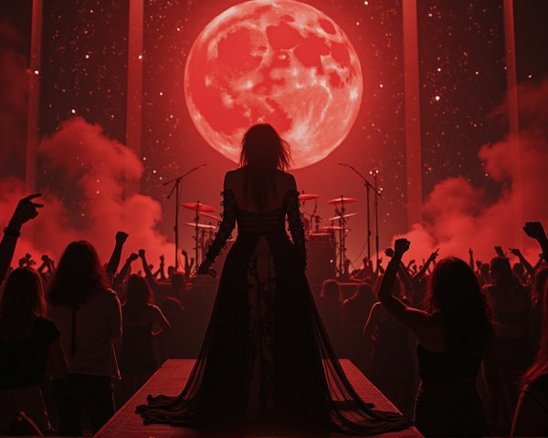 Vocalist Silhouetted Against Red Moon Backdrop