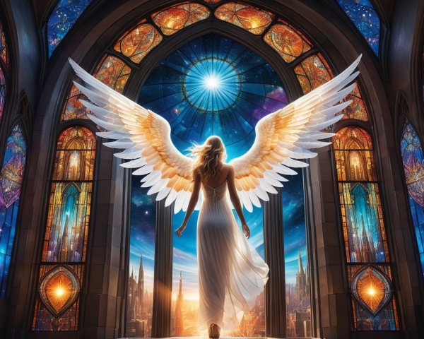 Serene angel in a cathedral with stained glass windows