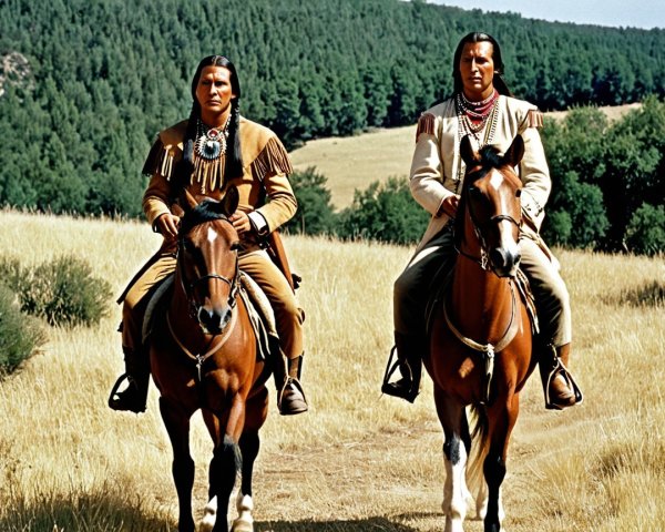Native American Men on Horses in a Sunlit Field