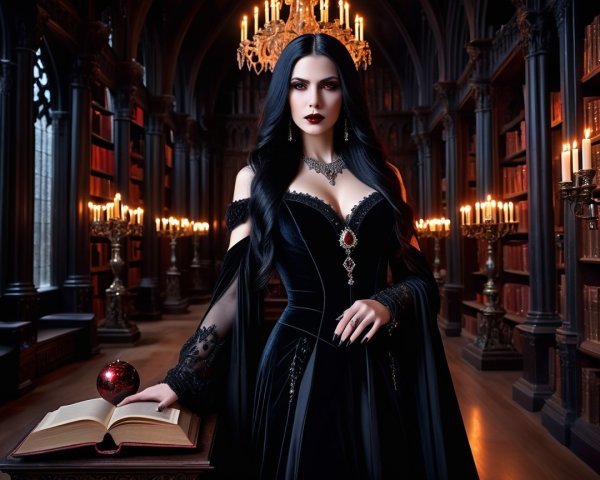 Elegant Figure in Dimly-Lit Library with Ancient Book