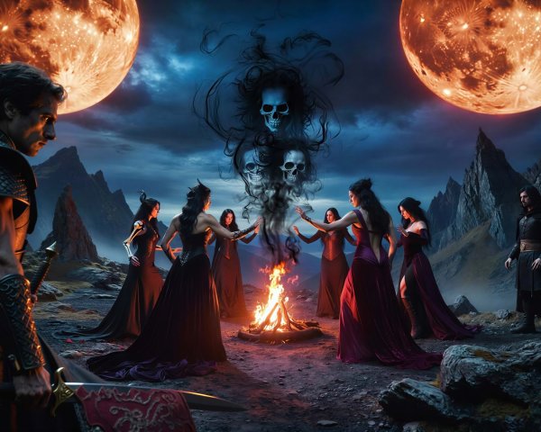 Group of Witches Performing Dark Ritual by Campfire