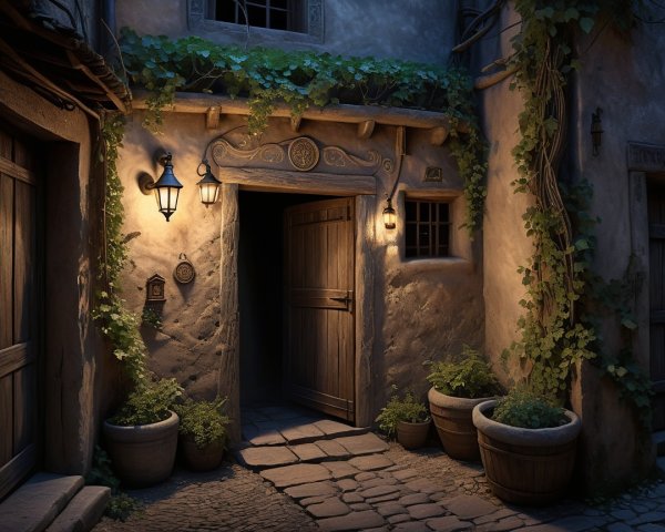 Rustic alleyway with carved door and ambient lighting