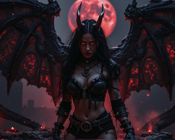 Fierce Female Figure in Dark Landscape with Bat Wings