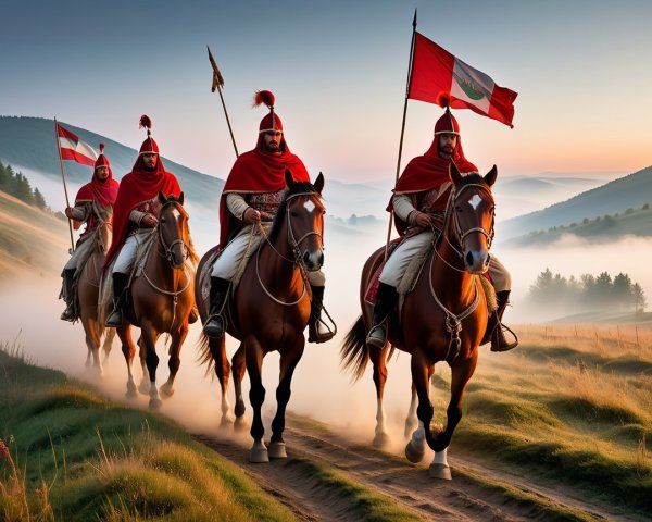 Mounted Warriors in Red Cloaks in Misty Landscape