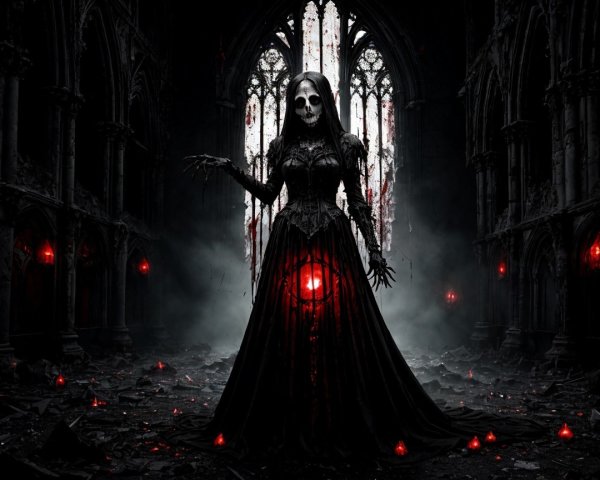Gothic Figure in Black Gown Among Crumbling Cathedral