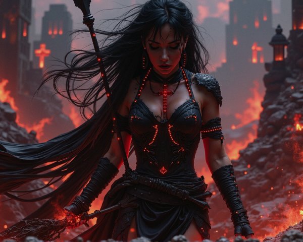 Powerful figure in dark armor in apocalyptic landscape