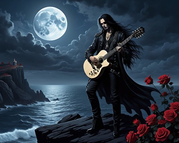 Mysterious Figure on Rocky Shore Under Full Moon