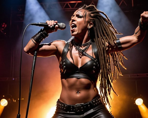 Powerful Female Vocalist in Striking Performance Outfit