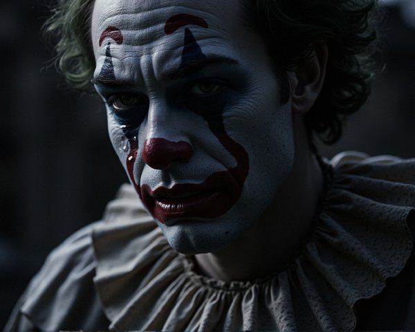 Close-up of a male clown with green hair and makeup