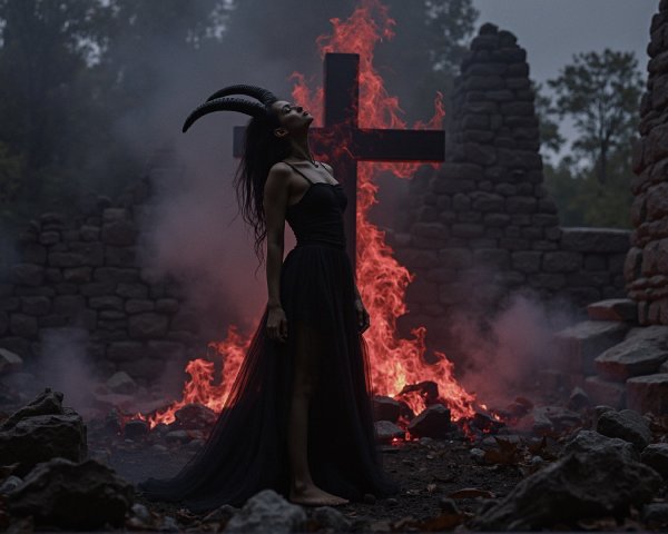 Dark-skinned woman with horns in front of flaming cross