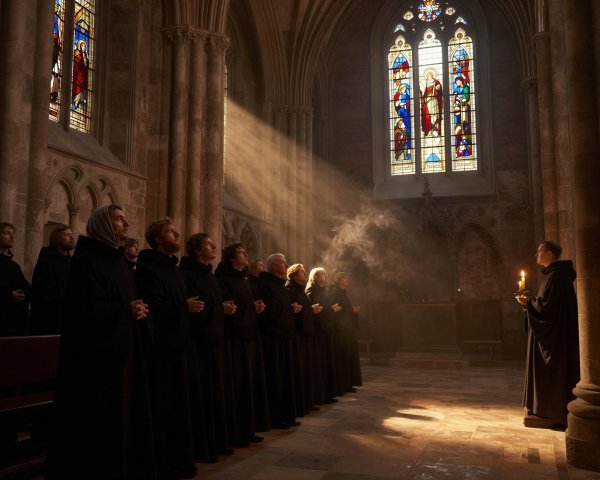 Monks in Ornate Gothic Cathedral with Stained Glass