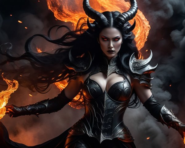 Powerful female figure in black armor with flames