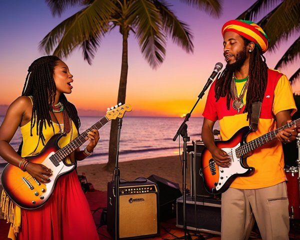 Vibrant Beach Sunset with Musicians and Palm Trees