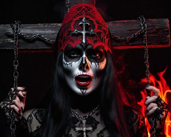 Gothic Figure in Red Lace with Skull Face Paint